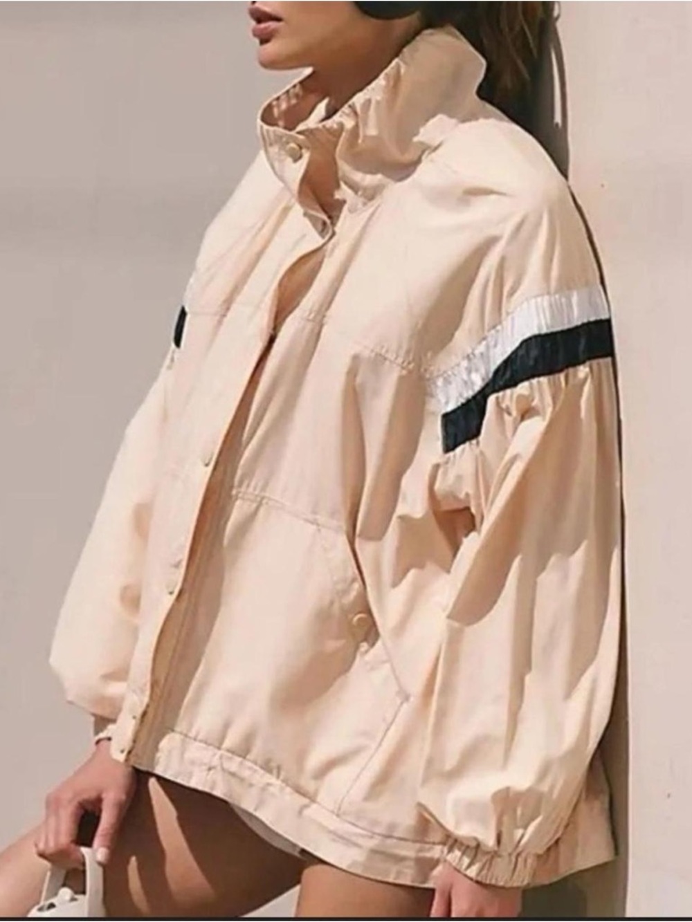 Free People Beige Bomber Jacket with Black & White Stripes
